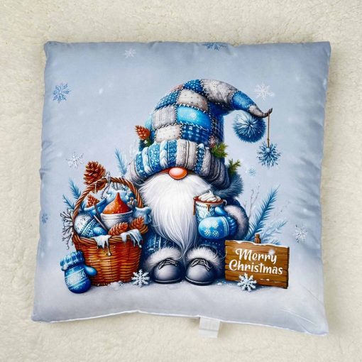 Karácsonyi díszpárna – Kék-fehér manó téli kosárral 40×40 cm