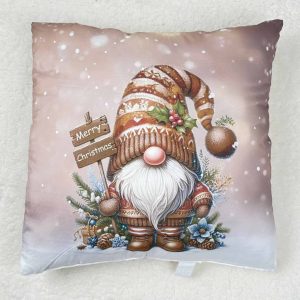   Karácsonyi díszpárna – Bézs manó „Merry Christmas” táblával 40×40 cm