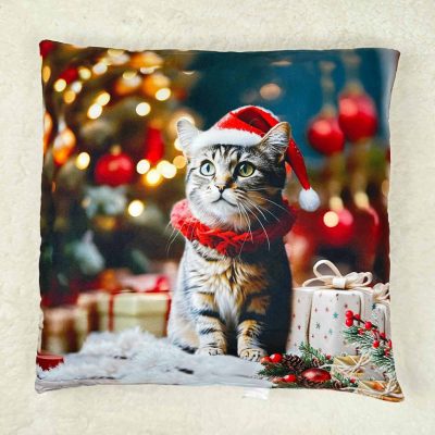   Karácsonyi díszpárna – Cica Mikulássapkában, ünnepi fényekkel 40×40 cm