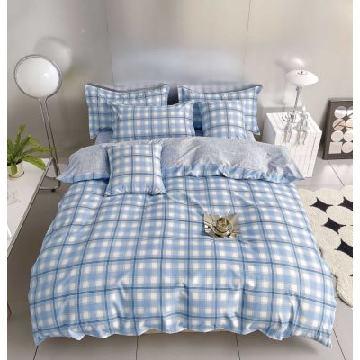   Ferry modern kockás ágyneműhuzat garnitúra kék 7 részes